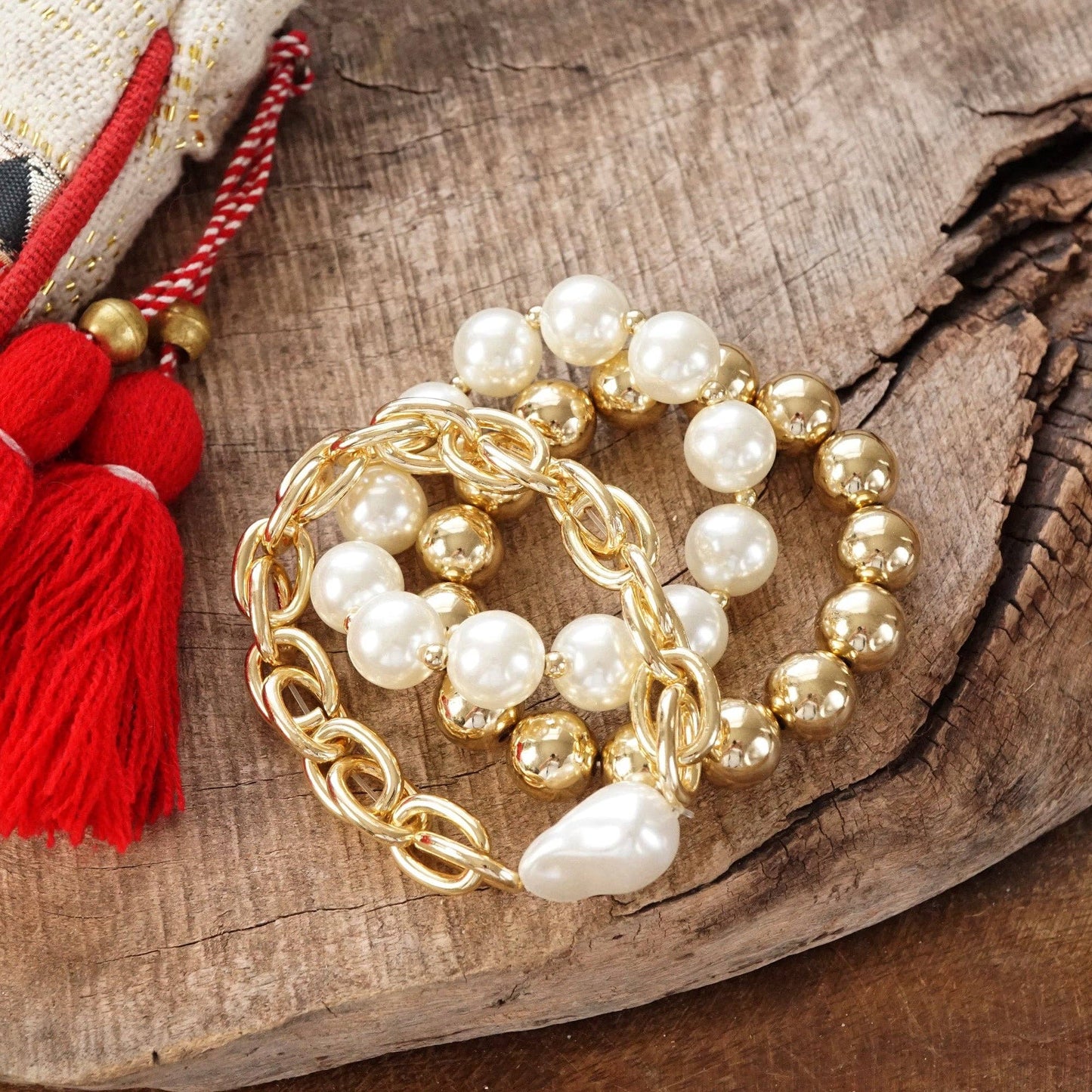 Chunky Chain Beads Pearl Trio Bracelets