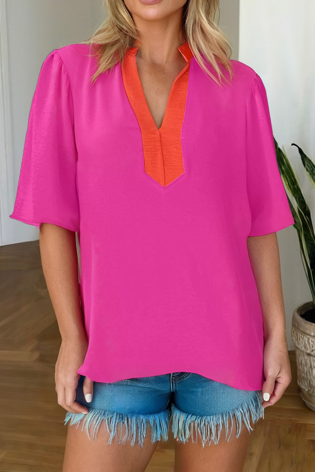 Pink & Red Color Block Summer Top