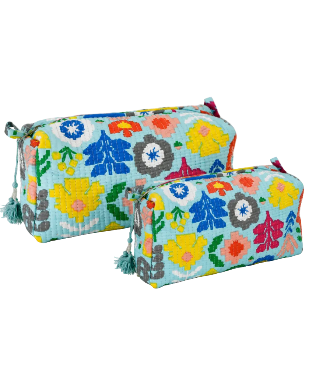 Blue Funky Floral Cotton Quilted Cosmetic Set