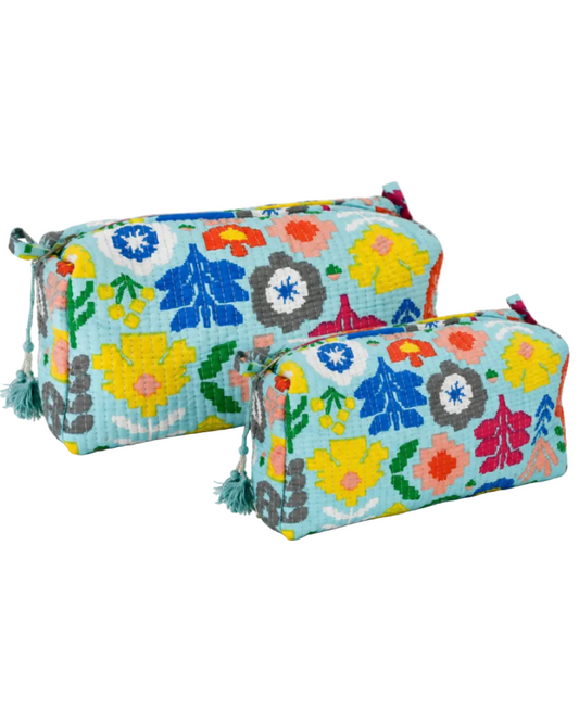 Blue Funky Floral Cotton Quilted Cosmetic Set