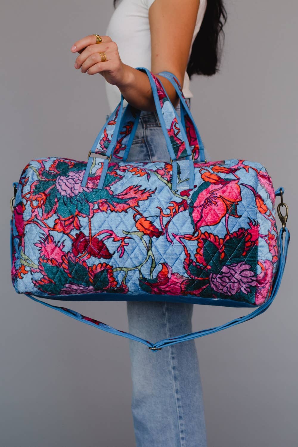 Bright Blue & Multicolored Floral Duffle