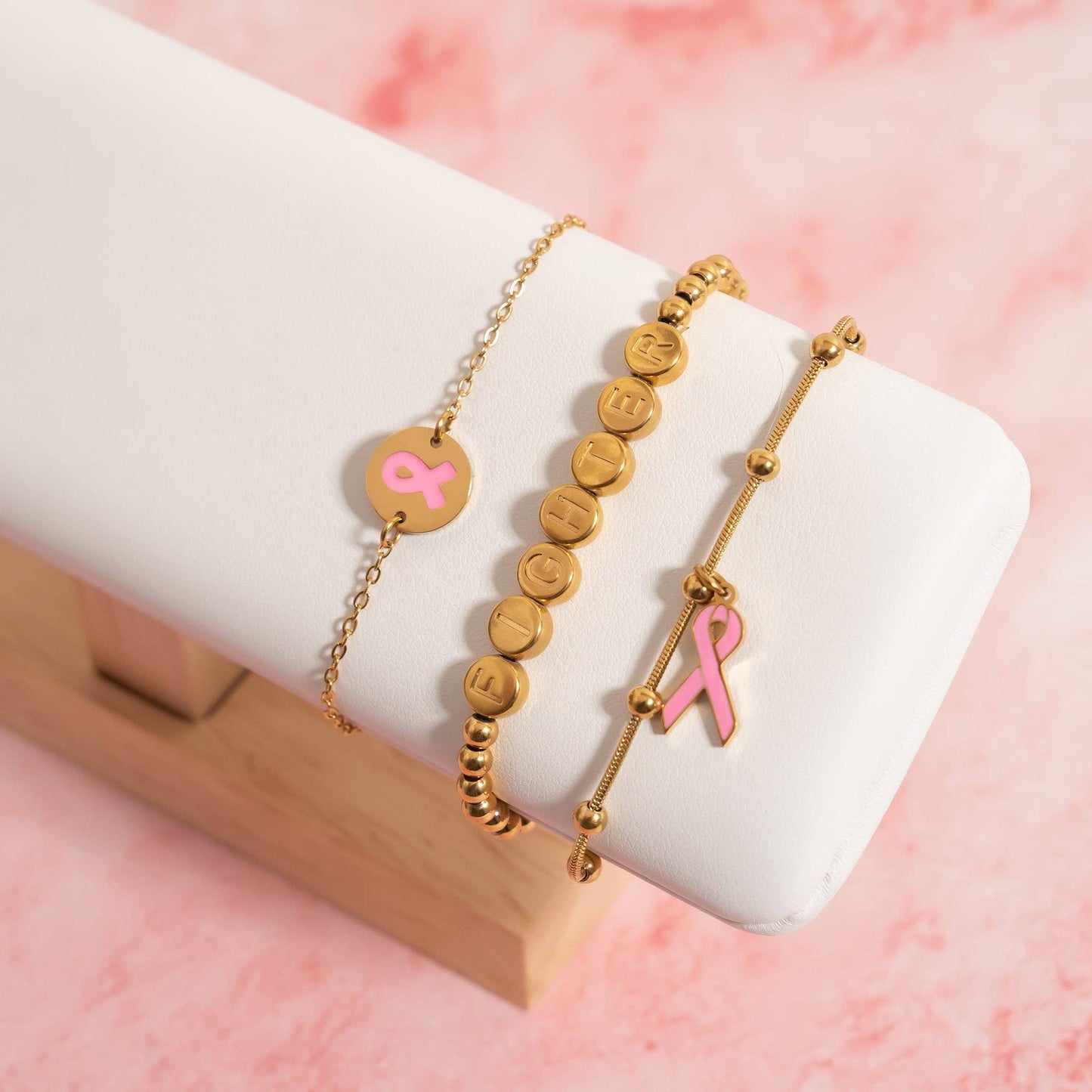 Breast Cancer Awareness Adjustable Ribbon Charm Bracelet