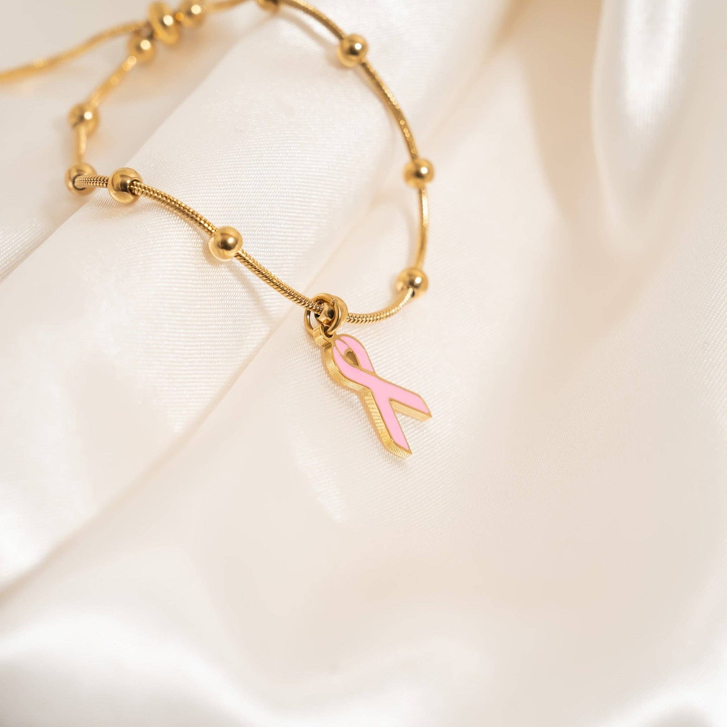 Breast Cancer Awareness Adjustable Ribbon Charm Bracelet
