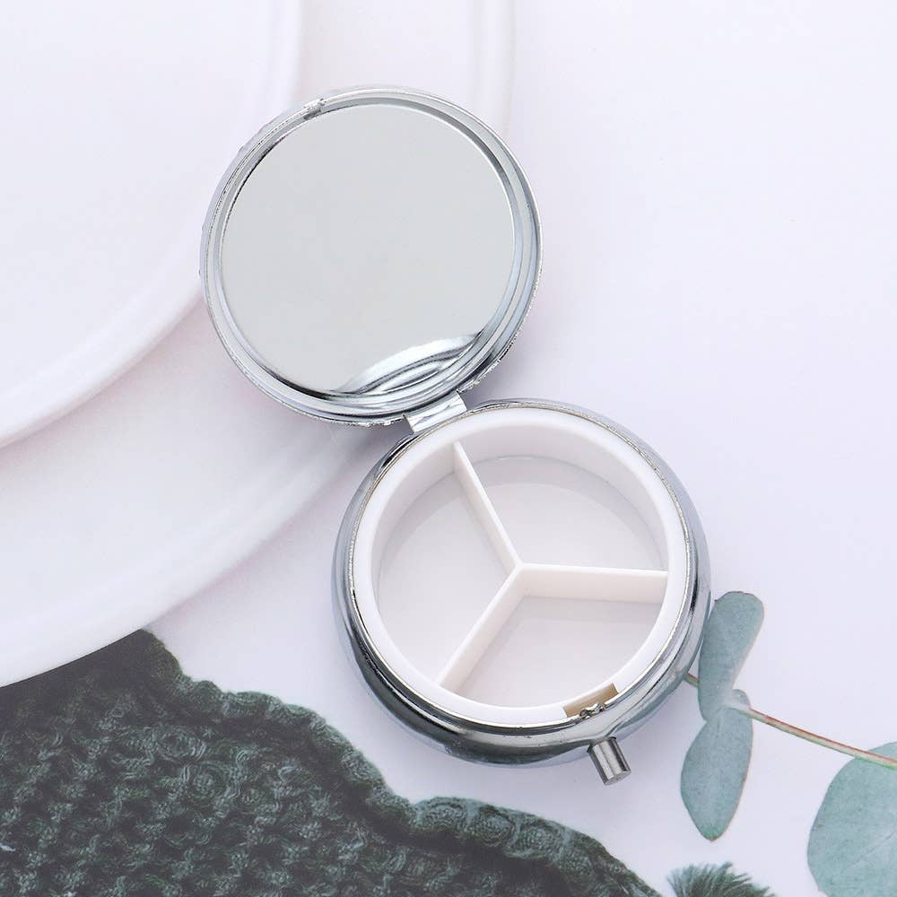 Bling Round Mirror Compact Pill Organizer Case