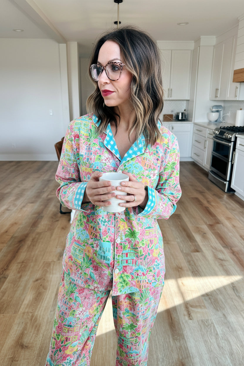 Women's Cotton Pajama Set - Pink Southern Town Print