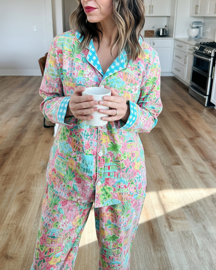Women's Cotton Pajama Set - Pink Southern Town Print