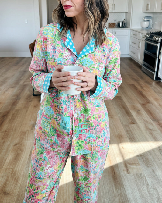 Women's Cotton Pajama Set - Pink Southern Town Print