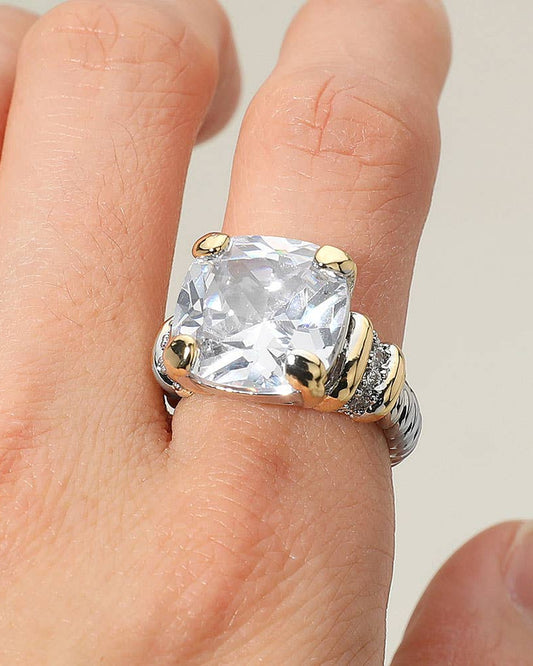 Cushion-Cut CZ Stone Two Tone Statement Ring