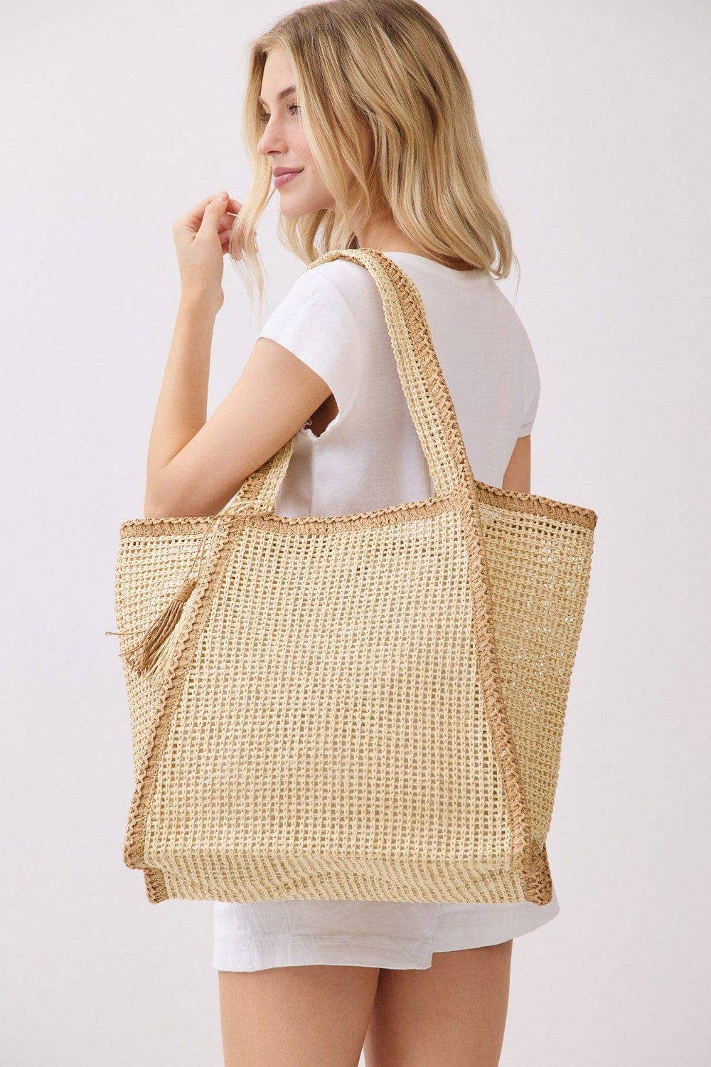 Two Tone Woven Straw Beach Tote Bag
