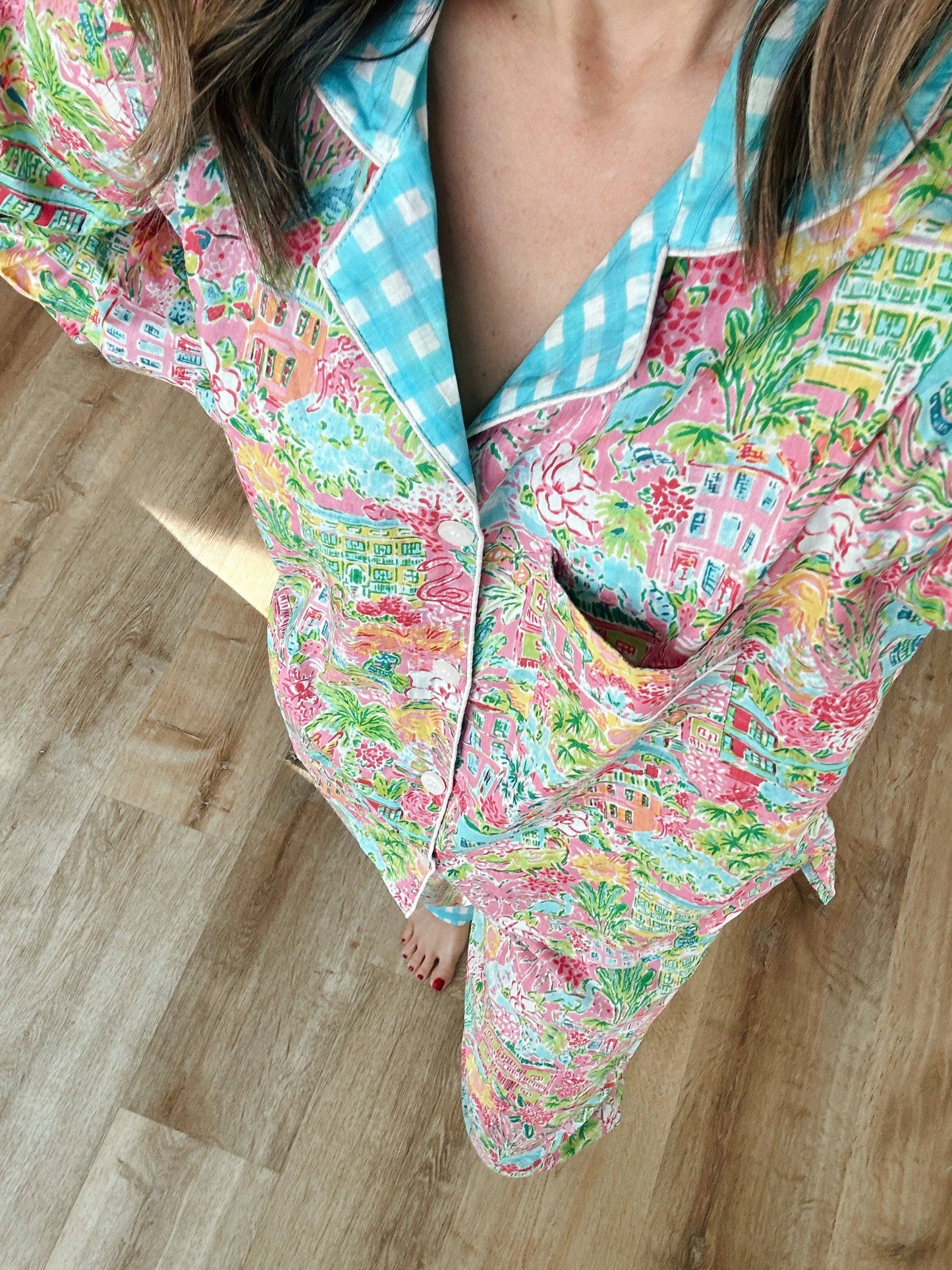 Women's Cotton Pajama Set - Pink Southern Town Print