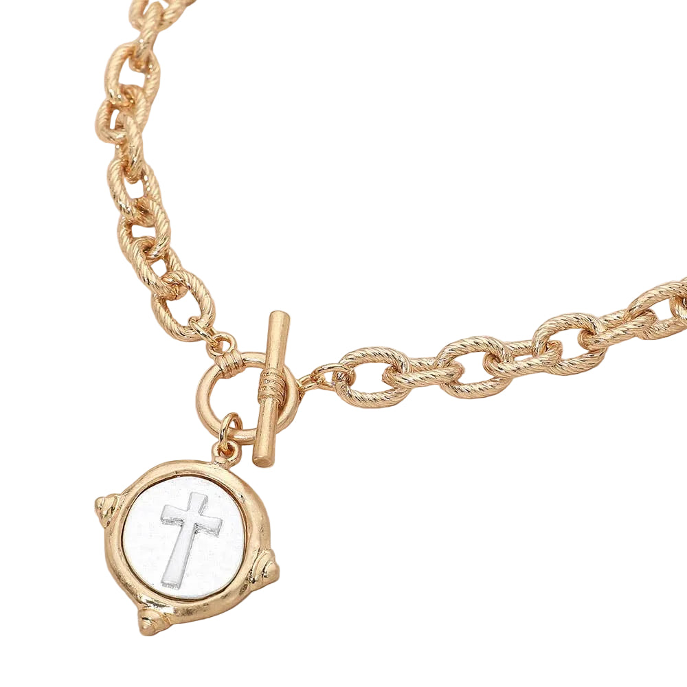 Metal Cross Medallion Pendant Toggle Necklace