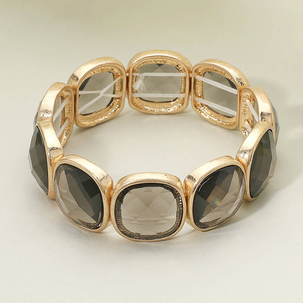 Round Square Glass Stone Frame Beaded Stretch Bracelet