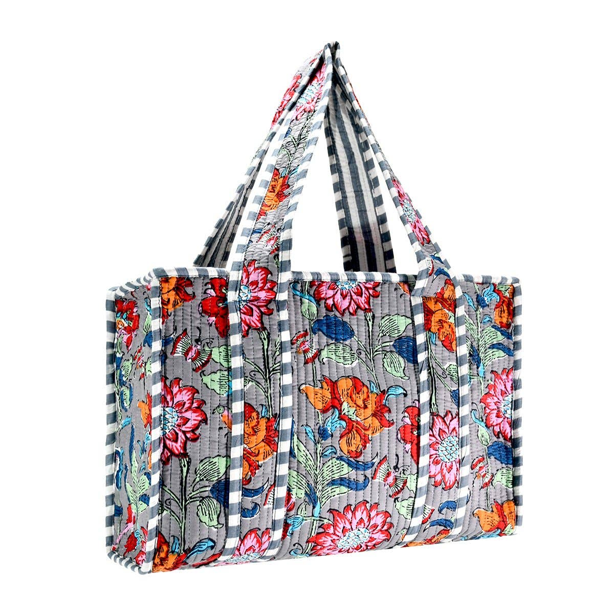 Gray Floral Cotton Tote Bag- Large
