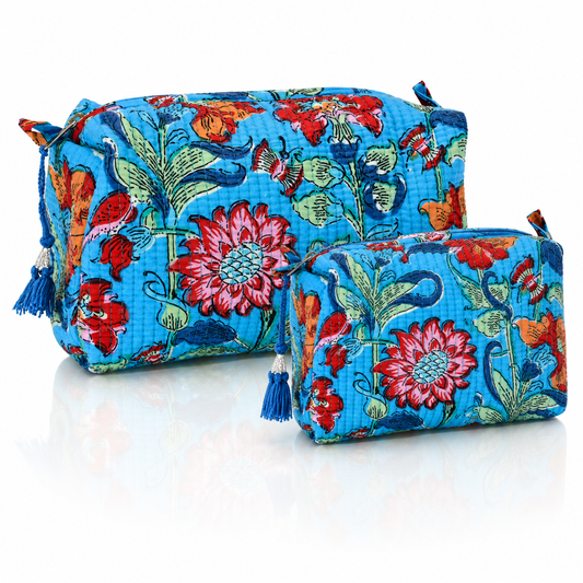 Bold Blue Floral Cotton Quilted Cosmetic Set