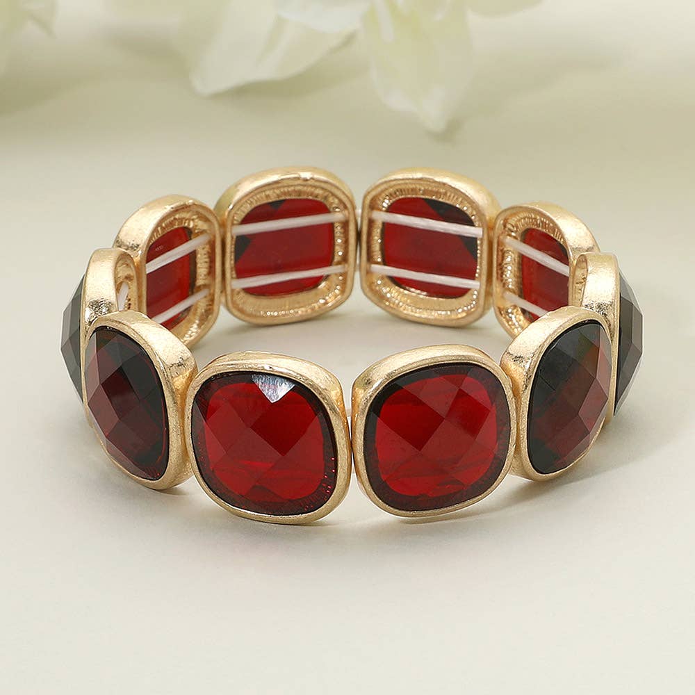 Round Square Glass Stone Frame Beaded Stretch Bracelet