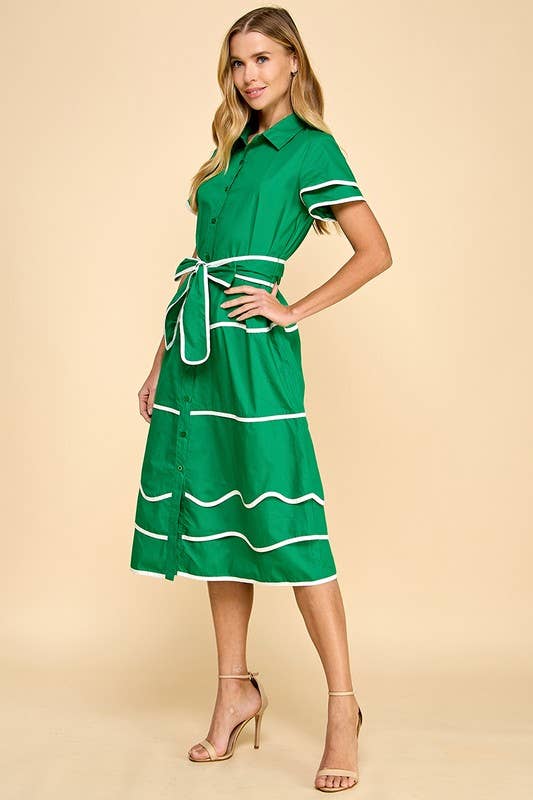 Green Contrast Midi Shirt Dress