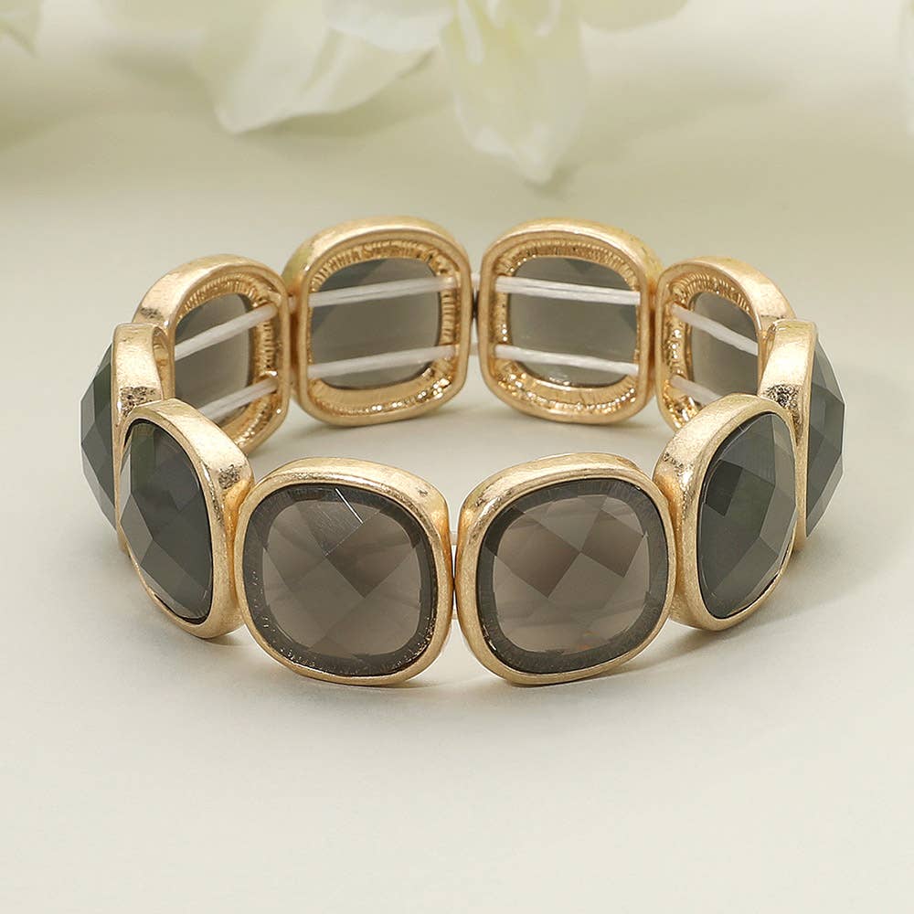 Round Square Glass Stone Frame Beaded Stretch Bracelet