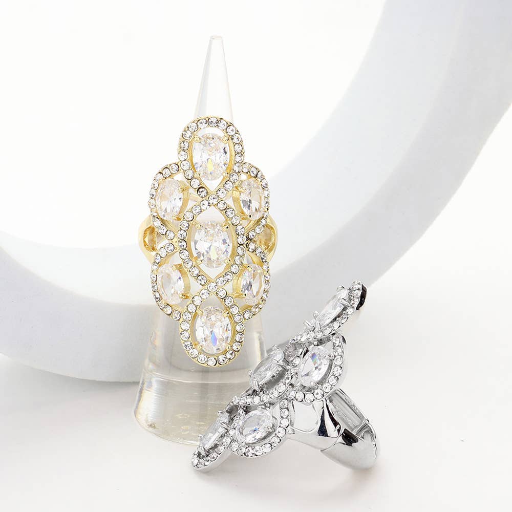Embellished Oval CZ Stone Flower Stretch Ring