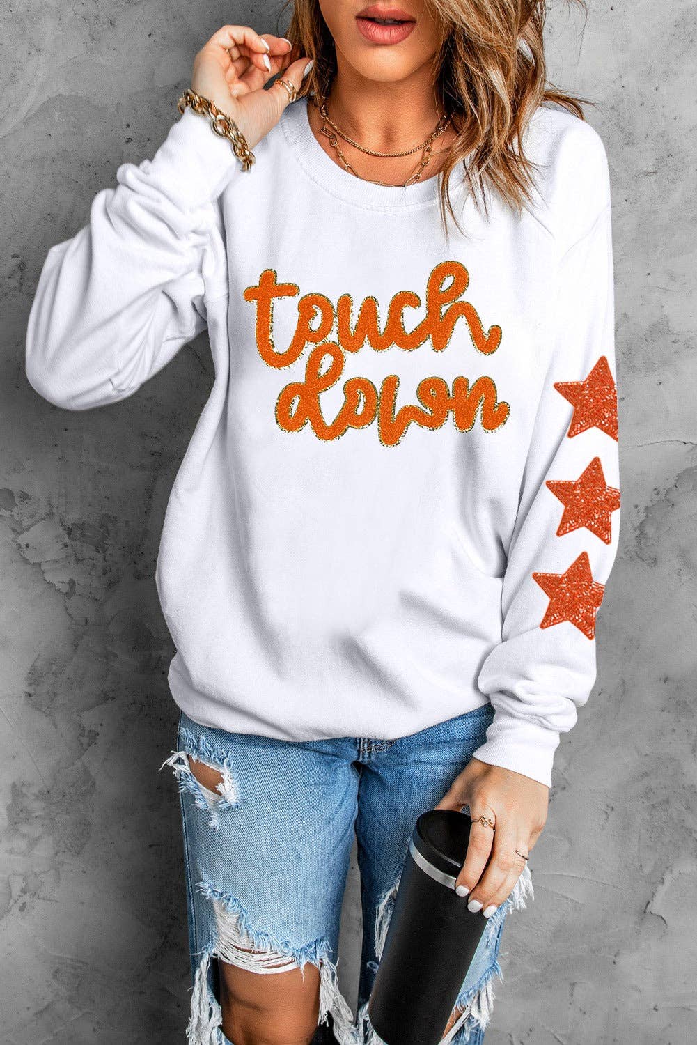 Glittering Orange Touch Down Patched Sweatshirt