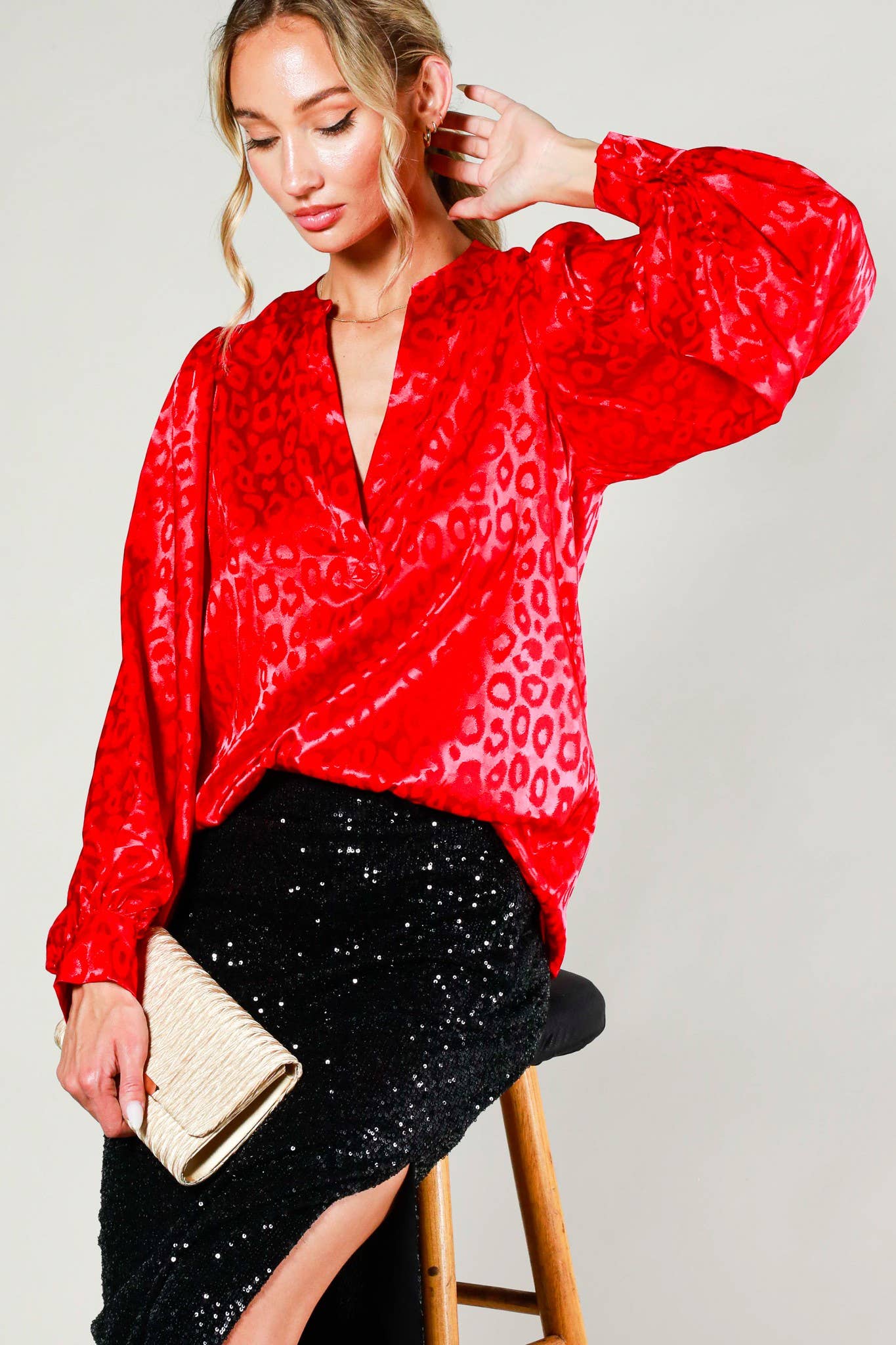 Henley Animal Print Satin Blouse