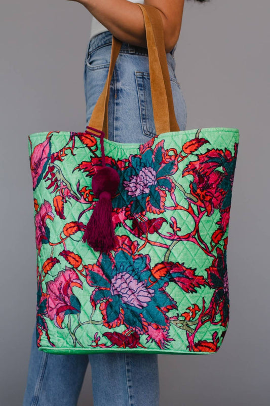Mint & Multicolored Floral Tote