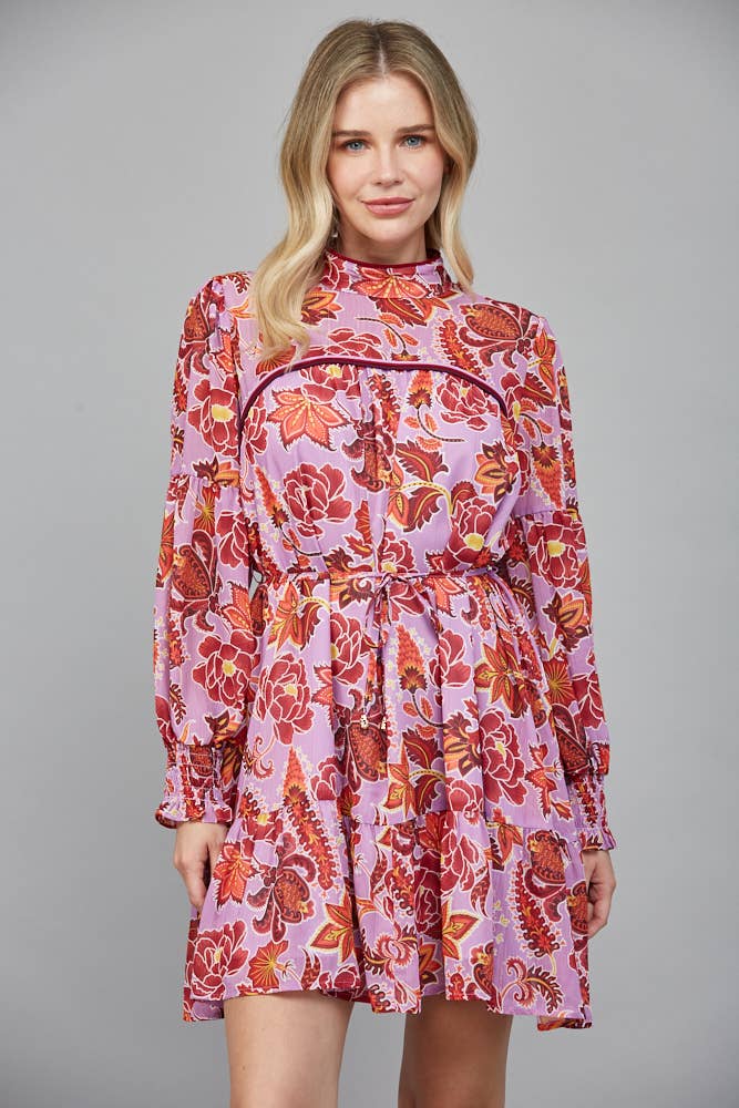 Long Sleeve Lavender Print Mini Dress