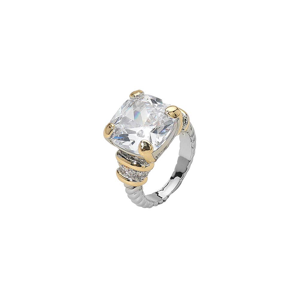 Cushion-Cut CZ Stone Two Tone Statement Ring