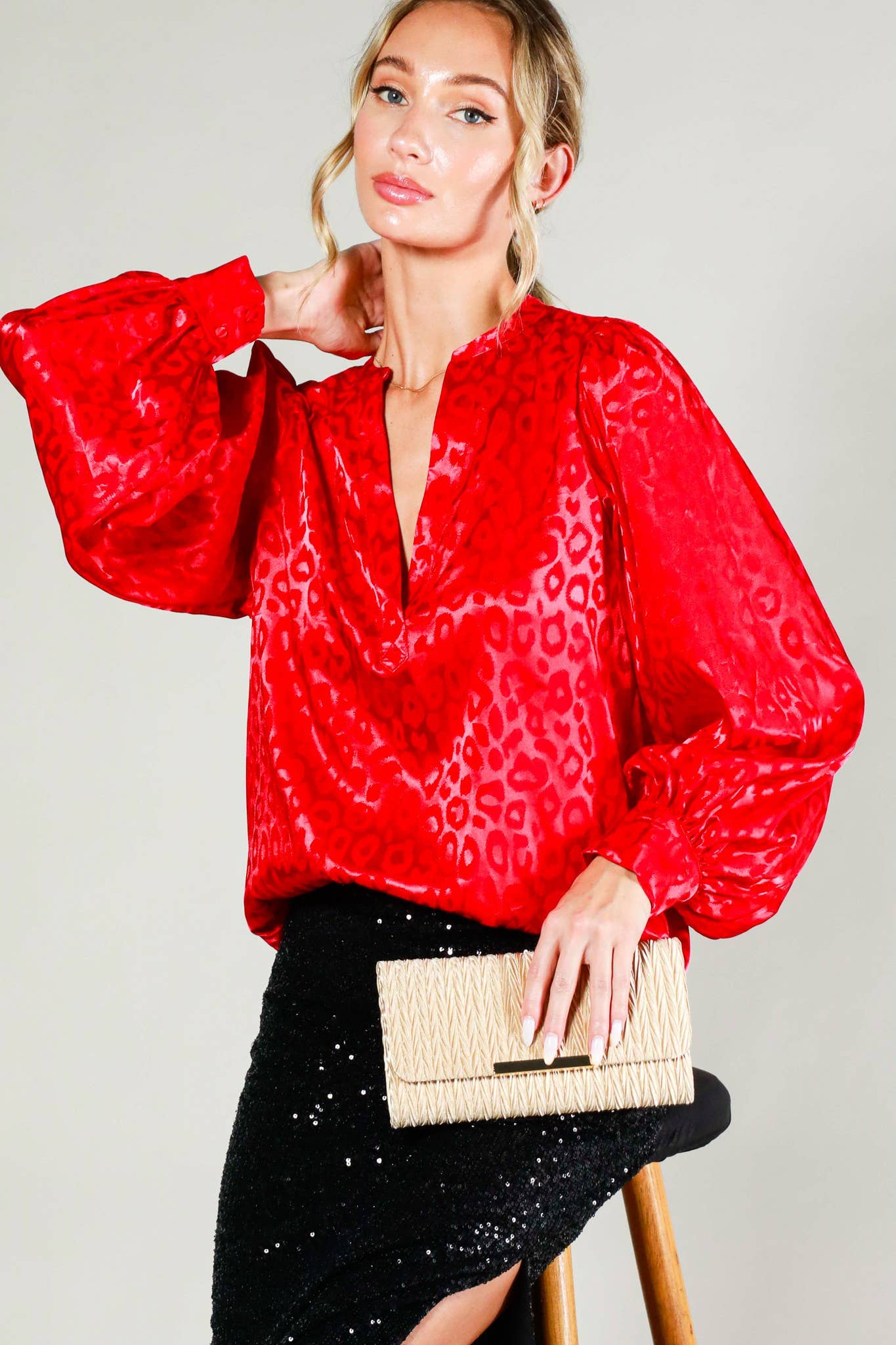 Henley Animal Print Satin Blouse