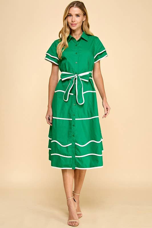 Green Contrast Midi Shirt Dress
