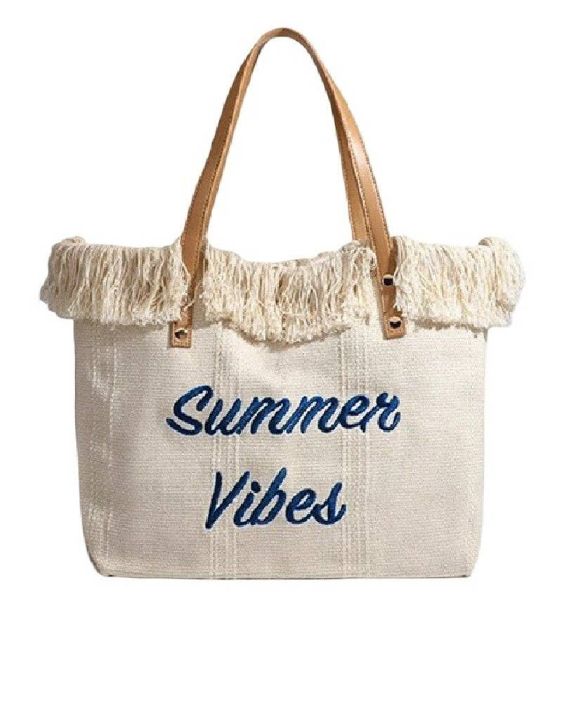 Ivory Summer Vibes Fringe Canvas Tote Bag