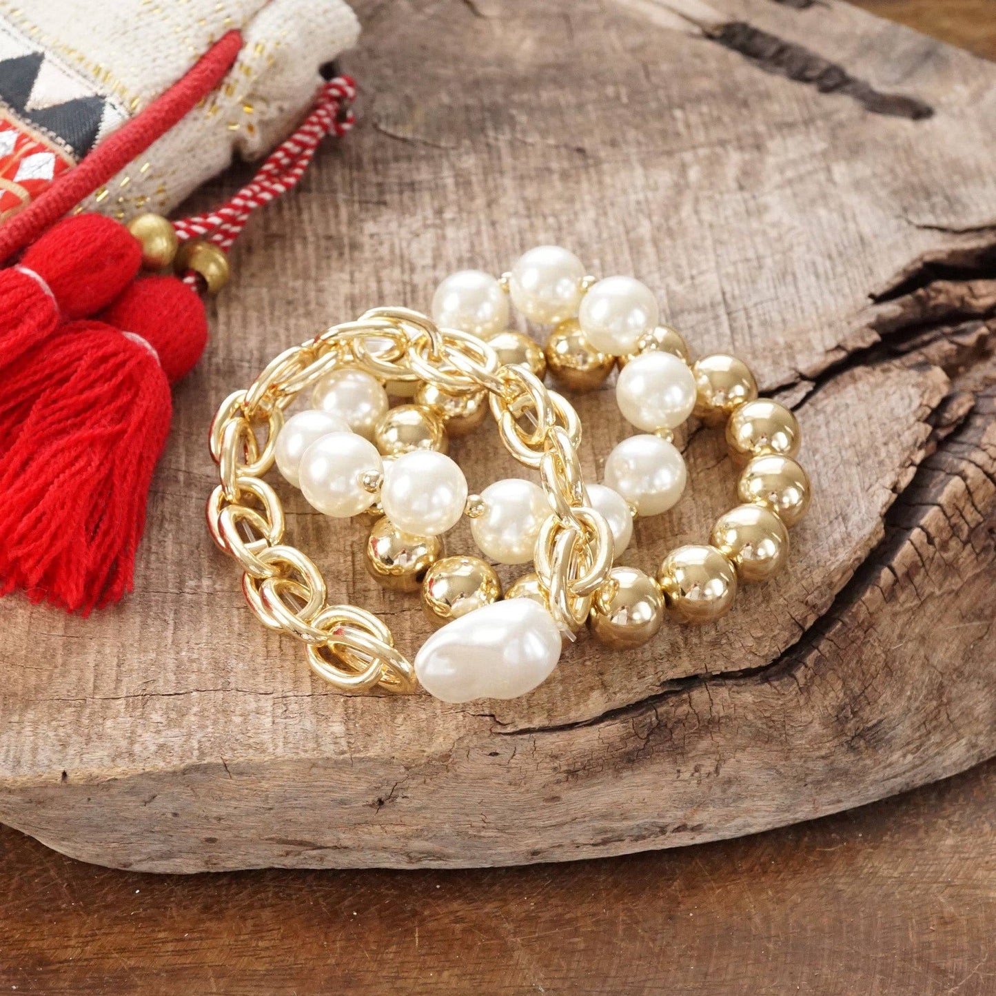 Chunky Chain Beads Pearl Trio Bracelets