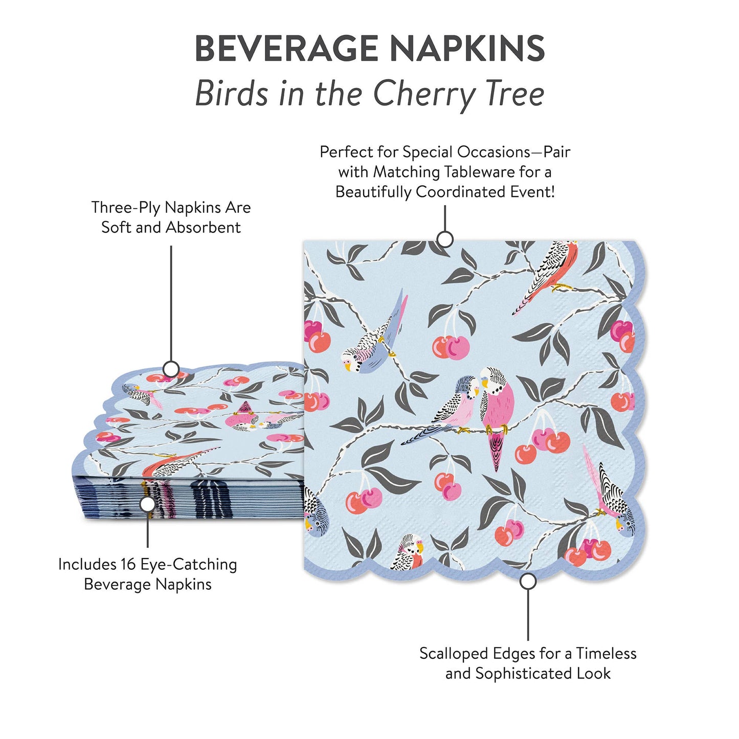 Birds in the Cherry Tree Scalloped Beverage Napkins