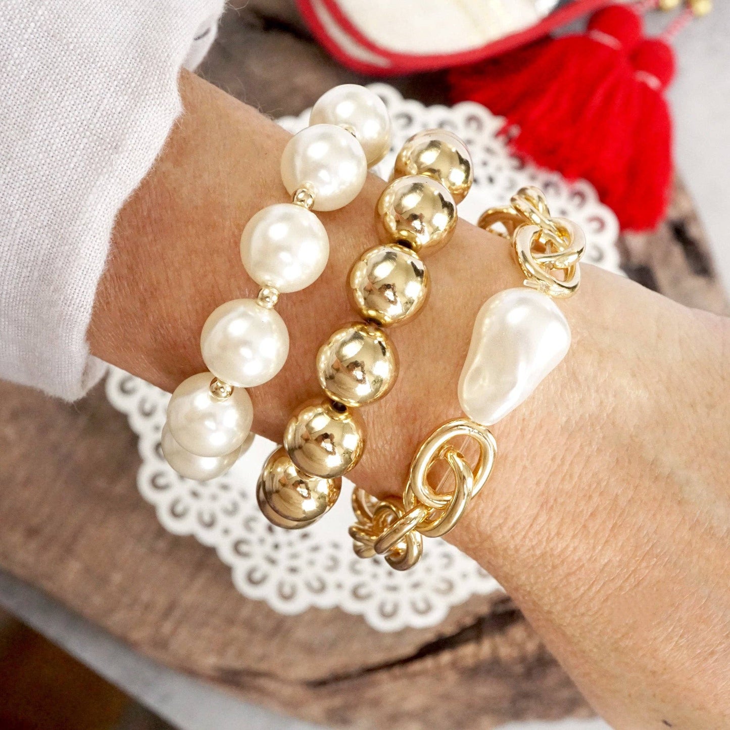Chunky Chain Beads Pearl Trio Bracelets