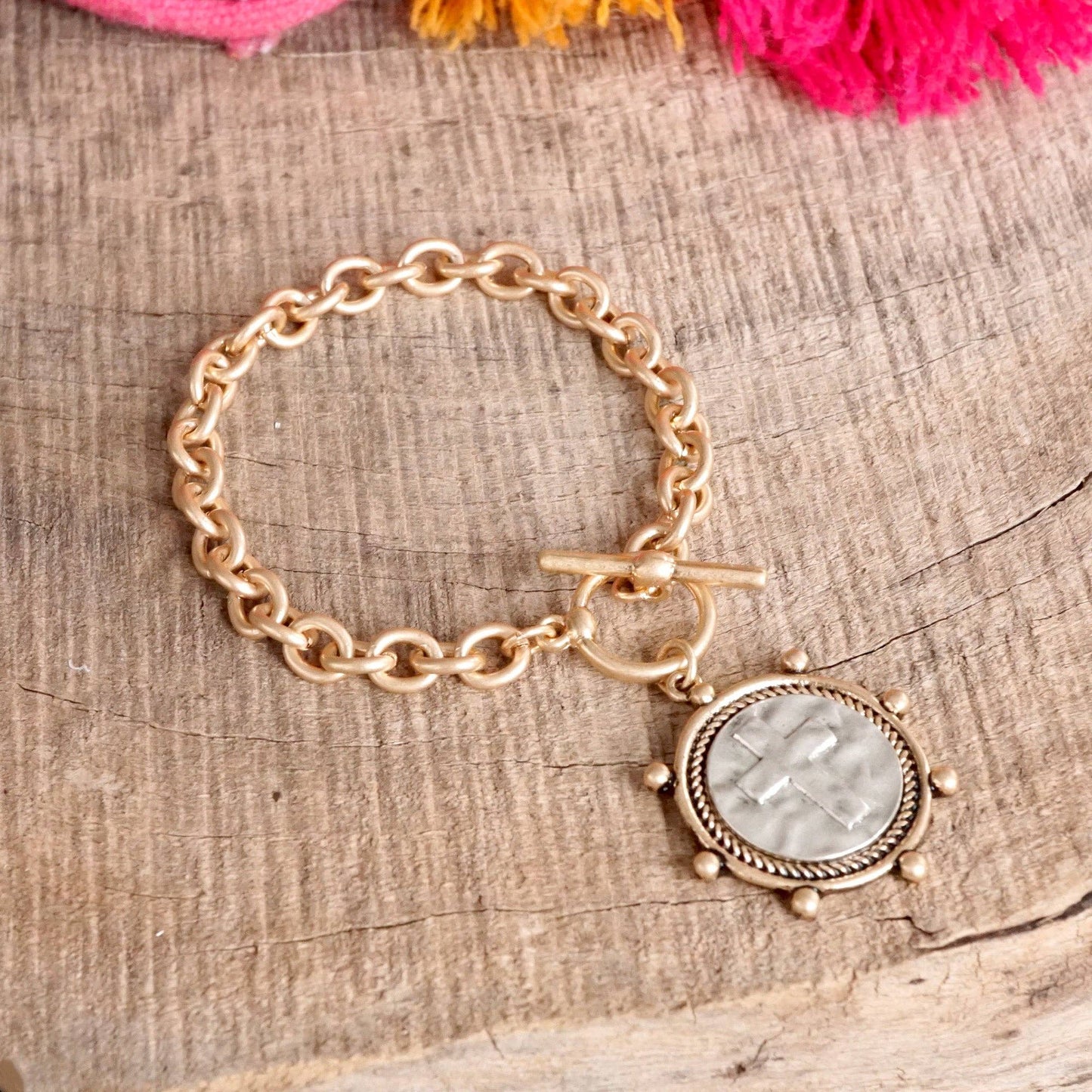 Cross Coin Chain Bracelet Toggle