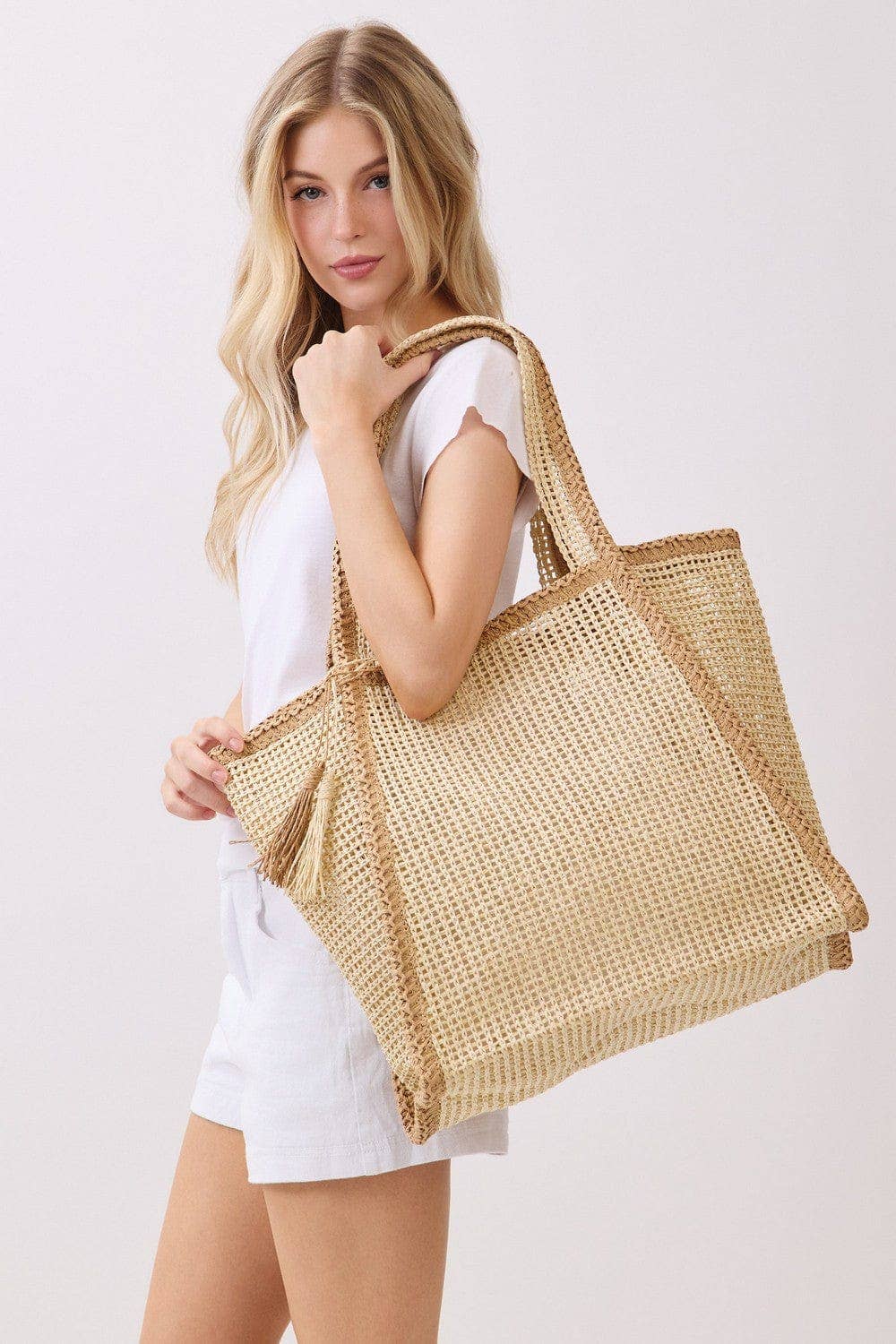 Two Tone Woven Straw Beach Tote Bag