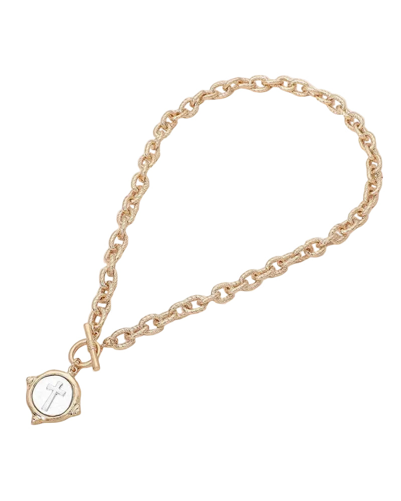 Metal Cross Medallion Pendant Toggle Necklace