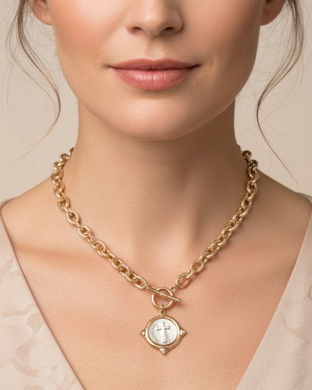 Metal Cross Medallion Pendant Toggle Necklace