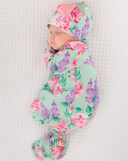 Bamboo Sage Garden Ruffle Knotted Sleep Gown & Bow Hat Set