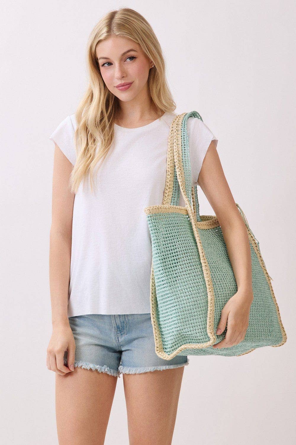 Two Tone Woven Straw Beach Tote Bag