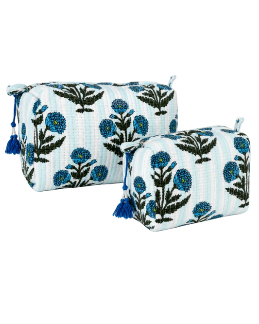 Blue Stripe Floral Cotton Quilted Cosmetic Set