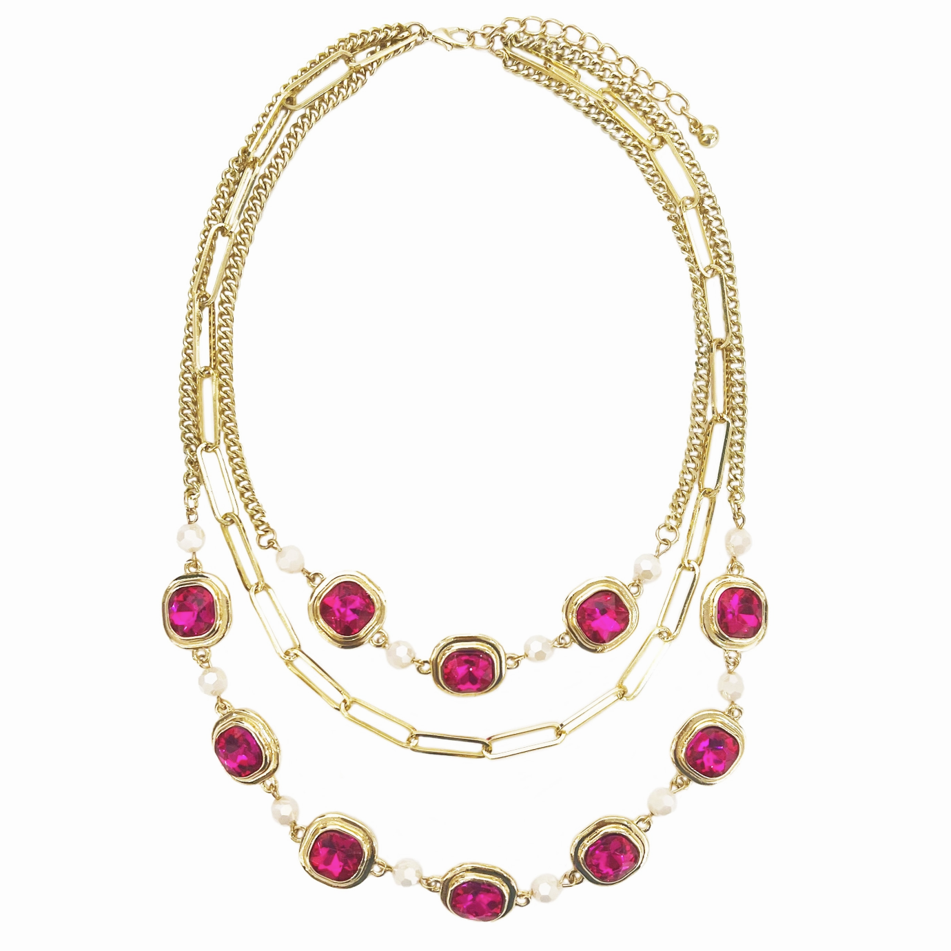 Gold Three-Strand Necklace with Pink Stones