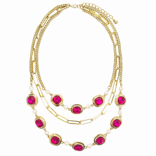 Gold Three-Strand Necklace with Pink Stones
