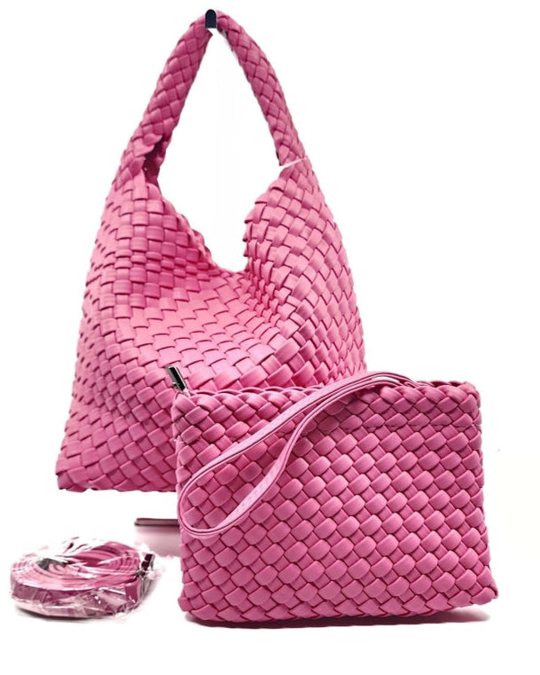 Pink Woven Leather Crossbody Tote with Pouch