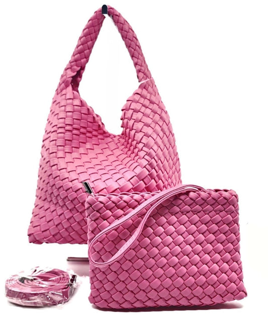 Pink Woven Leather Crossbody Tote with Pouch